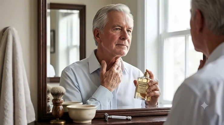 Distinguished silver-haired older gentleman applying classic fougère cologne to his neck after a morning shave.