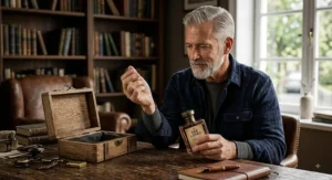 A distinguished older American man applying rich bourbon-scented cologne from a luxury gift set.