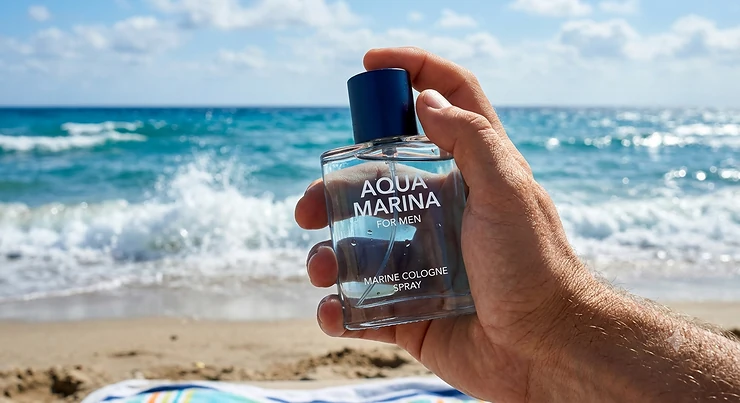Men's aquatic marine cologne spray bottle set against bright blue ocean waves