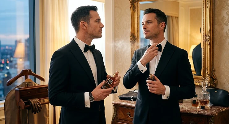 Man in a sleek tuxedo applying cognac cologne before attending a black tie gala. cognac cologne for formal occasions men