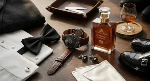 Flat lay of men's formal evening wear featuring a leather watch bow tie and cognac cologne