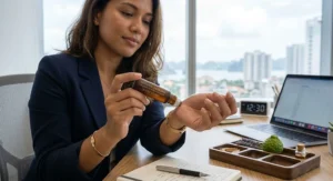 A worker using a refreshing perfume rollerball for a quick fragrance touch-up at their desk.