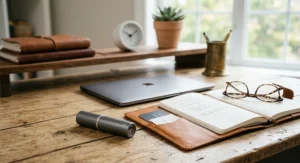 Compact travel size perfume atomizer sitting on an office desk next to a laptop and daily planner.
