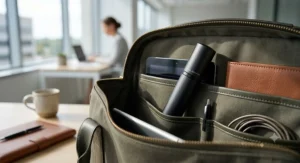 Travel size atomizer container packed in a work bag as a subtle perfume for the office.