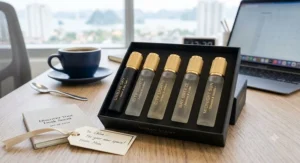 A stylish set of perfume rollerballs packaged as a cute desk gift item.