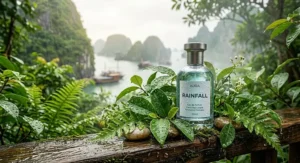 Illustration of green leaves and clean rain mist representing petrichor perfume for humid climates.