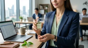 Office worker holding a compact green tea perfume spray ideal for mid-day workplace touch-ups.