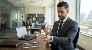 Businessman applying a subtle long-lasting office perfume before a long day of meetings