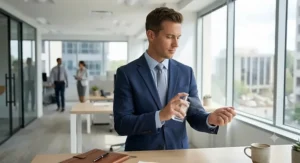 Professional applying subtle perfume for the office before heading into a business meeting.