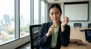 Professional woman applying a subtle green tea perfume before an office meeting.