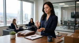Professional American woman applying a subtle, long-lasting perfume for work before a corporate meeting.