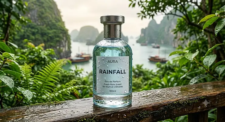 A fresh rain scent perfume bottle covered in water droplets during a warm humid summer morning. rain scent perfume for humid climates