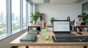 Refreshing bottle of green tea perfume sitting beside a computer keyboard in a bright office space.