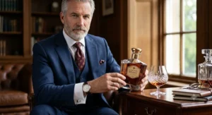 Distinguished man holding a premium cognac cologne bottle next to a crystal snifter