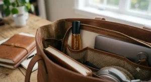 Glass rollerball travel size perfume slipped into the interior pocket of a professional handbag.