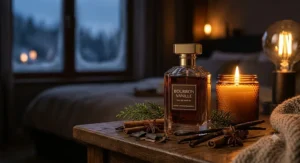 A rich amber-tinted bottle of smoky bourbon vanilla perfume designed for intimate cold-weather evenings