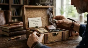 An unboxing setup showing a smoky whiskey cologne set designed as a sophisticated gift for older men.