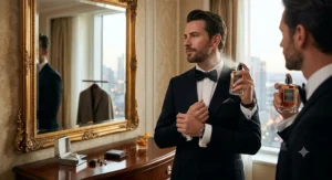 Sophisticated gentleman spraying warm cognac cologne onto his neck for a formal evening event
