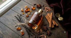 A warm gourmand vanilla perfume bottle arranged with bourbon vanilla beans, cinnamon sticks, and amber for a winter date night scent