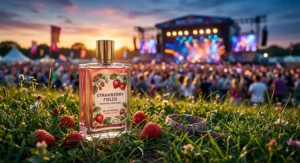 Strawberry perfume bottle sitting on grass during golden hour with concert stage lights blurred in the background.