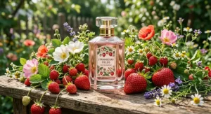 Glass strawberry perfume bottle nestled among fresh red strawberries and vibrant summer florals.