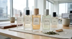Selection of office safe fragrances featuring soft woody and delicate green tea notes.