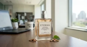 Bottle of woody eau de parfum formulated as a long-lasting office perfume for 8-hour shifts