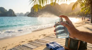 Refreshing mist spritz from a men's marine cologne bottle on a sunny beach vacation day