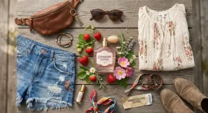 Summer festival outfit flat lay featuring a juicy strawberry perfume bottle, retro sunglasses, and denim shorts.
