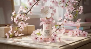 Artistic illustration of blooming sakura flowers framing a sweet cherry blossom perfume for teens