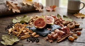 A fresh sliced fig surrounded by sandalwood and cedarwood shavings, showcasing top fragrance notes ideal for cooler autumn nights.