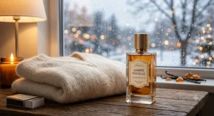 A bottle of sweet vanilla and warm amber fragrance placed next to a soft cashmere sweater on a winter evening