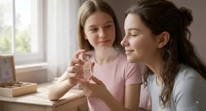 Illustration of two teenage friends testing a light cherry blossom perfume spray together