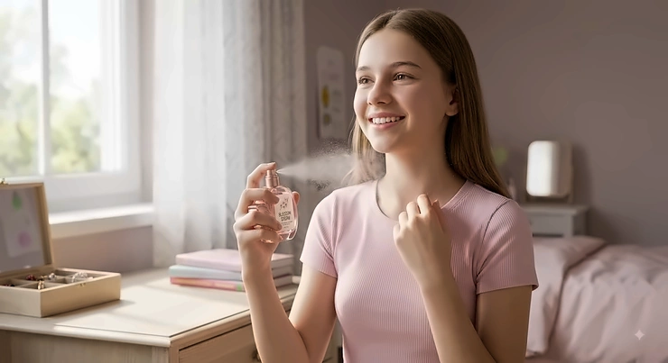 Illustration of a teenage girl spritzing fresh cherry blossom perfume in her bedroom