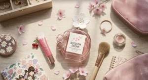 Top-down illustration of a teen vanity set with cherry blossom perfume, lip gloss, and flowers