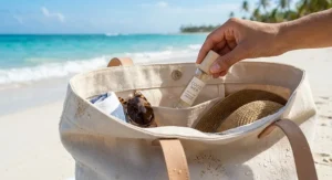 Travel-size coconut perfume rollerball slipping easily into a vacation beach bag