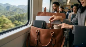 Compact travel-size coffee perfume tucked into a professional leather work bag for daily commutes.