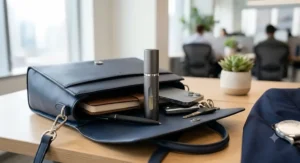 Compact travel-size perfume atomizer sitting inside a purse next to work essentials for quick mid-day touch-ups.