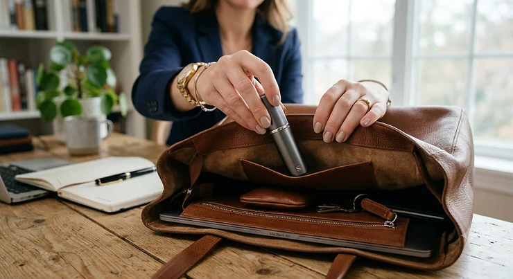 A woman placing a sleek travel size perfume spray into her leather work tote bag for on-the-go touch-ups. travel size perfume for work bag