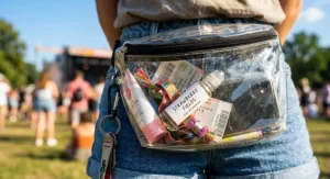 Compact travel-size strawberry rollerball perfume packed inside a clear festival belt bag.