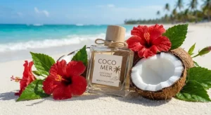 Bottle of tropical coconut fragrance surrounded by fresh cracked coconuts and hibiscus flowers