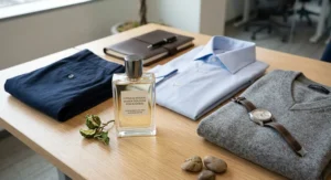 A sleek unisex cologne bottle displayed next to clean business casual clothes for a versatile professional scent.