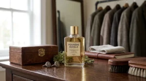 Elegant glass bottle of classic fougère cologne sitting on a polished dark wood dresser in a men's dressing room.