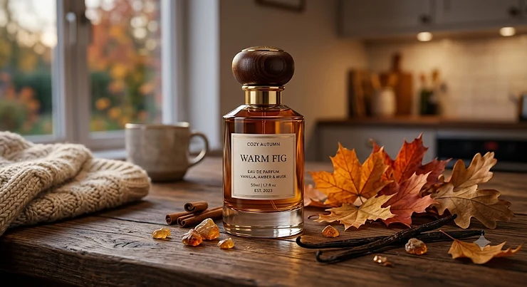 A luxurious bottle of warm fig perfume resting on a dark wood table beside autumn leaves and dried vanilla pods for a cosy fall evening.