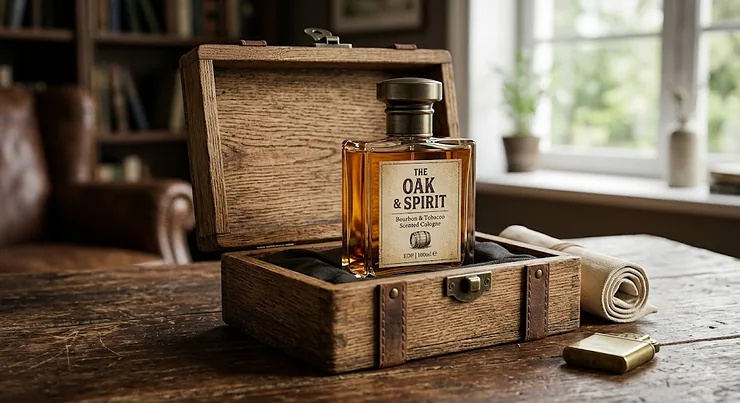 A rustic wooden gift box featuring a glass bottle of whiskey cologne, perfect for mature men. whiskey cologne for older men gift