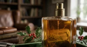 Close-up of a masculine whiskey cologne bottle with notes of amber, tobacco, and aged oak.