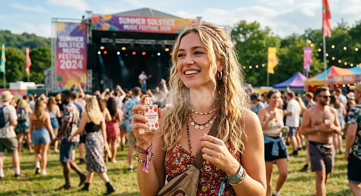 Woman spraying sweet strawberry perfume while enjoying a sunny outdoor summer music festival. strawberry perfume for summer festivals