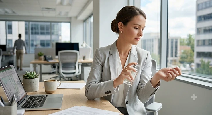 Woman lightly spritzing a subtle perfume for the office onto her wrist in a modern workplace setting.