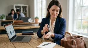 Professional woman discreetly applying travel size perfume to wrists at her office workstation.