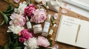 Flat lay photography featuring affordable perfume dupes for everyday wear and fresh flowers.